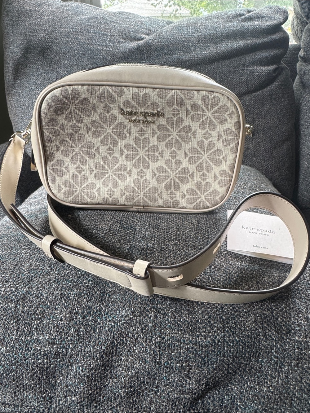kate spade neutral floral jacquard crossbody in beige and taupe